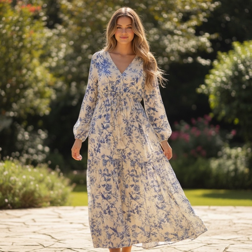 Few Moda blue Floral Long Sleeve Tiered Maxi Dress Cream/Blue XS